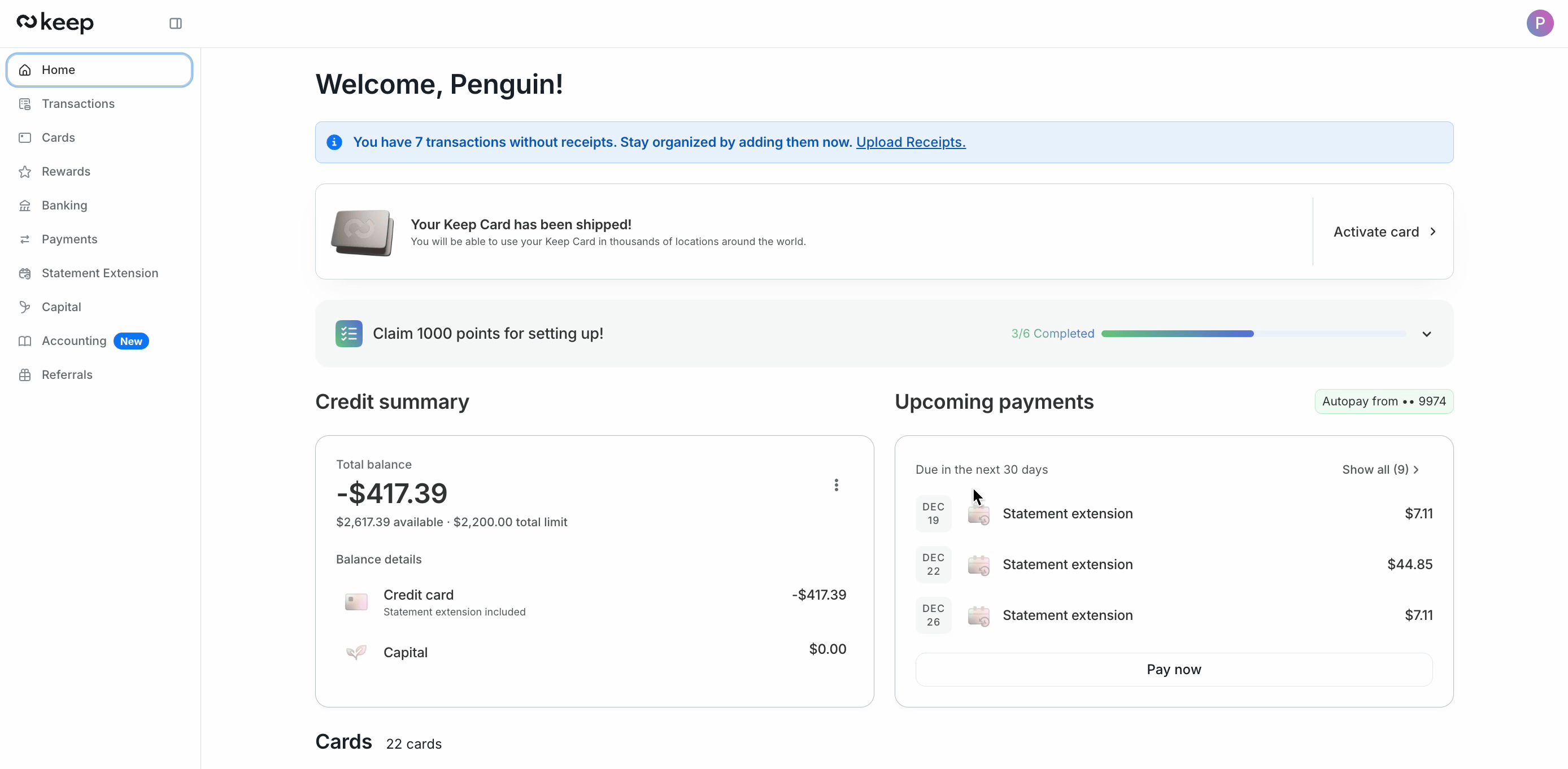 How to read your Keep Home page credit summary and upcoming payments